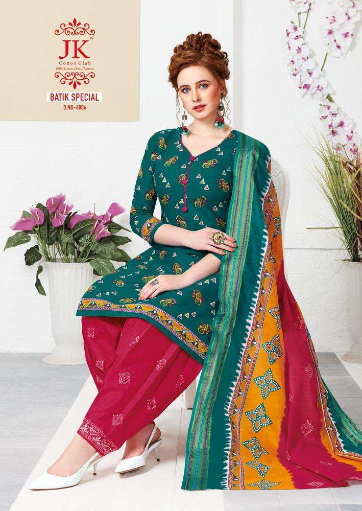 BATIK SPECIAL VOL-6 BY JK COTTON CLUB 6001 TO 6010 SERIES DESIGNER PATIYALA SUITS BEAUTIFUL FANCY COLORFUL STYLISH PARTY WEAR & ETHNIC WEAR COTTON PRINTED DRESSES AT WHOLESALE PRICE